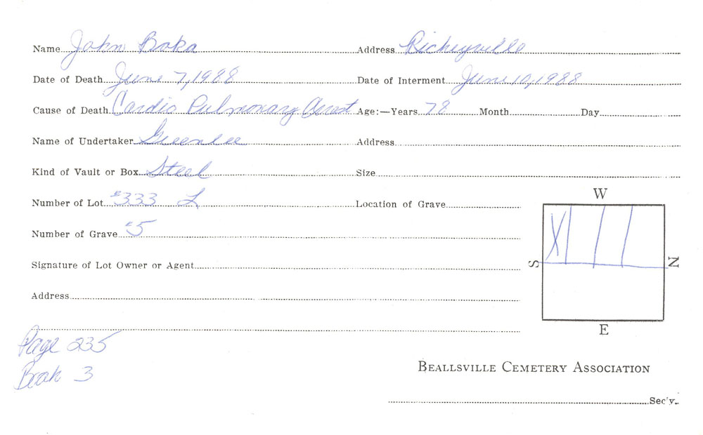 John Boka burial card